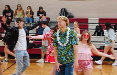 Noah Thorell and other seniors practice their skit before the assembly. Noah Thorell and other seniors practice their skit before the assembly.