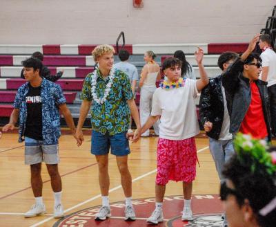 The seniors wave goodbye after their skit is over. The seniors wave goodbye after their skit is over.