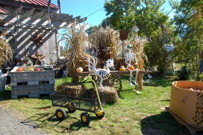 Halloween decorations make the stand festive for fall.