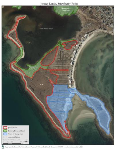 The Pine Islands and Strawberry Point, new MLT lands outlined in red. Source: Mattapoisett Land Trust