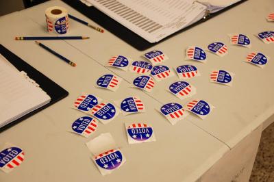 Stickers were avaliable after voters cast their ballots. Photos by Mari Huglin