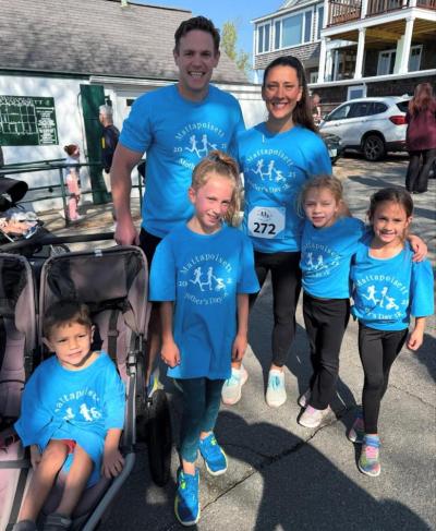 Pease's husband, Scott, and her 4 kids after finishing the Mattapoisett Mother's Day 5K- the event that inspired her daughter Juliet to want to help organize a Santa 5K for MS.