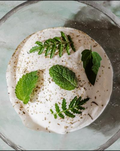 Ortiz and Doubrava use produce from their garden for some of the dishes, such as this sherbet made from tomato leaves they grew. Photo source: Victoria Quirk