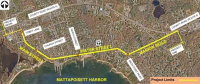Map of the area of focus for the Mattapoisett road and sidewalk improvements. Source: MassDOT 