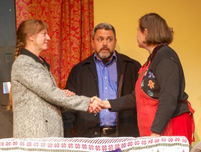 From left to right: Bethany Lamoureux who plays Randi Stein, is introduced by Andy to Emily. 