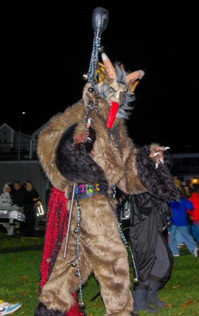 Krampus of German folklore makes an appearance and won the ‘Spookiest Costume’ Award at the Mattapoisett Halloween Parade. Photo by Mari Huglin 
