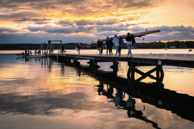A photograph titled "Morning Practice" shows Tabor Academy rowers setting up for a morning practice. Photos by Tianxu Zhou