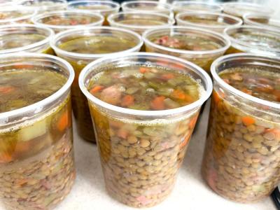 Each container of soup is made with ingredients donated by the food pantry or purchased with donated funds. 