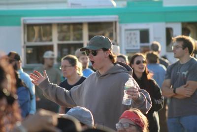 Quinn Baldwin-Kress is shocked as a rider knocks down a barrel. 
