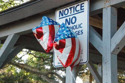 Patriotic balloons decorate the area around Ned's Point Lighthouse. 