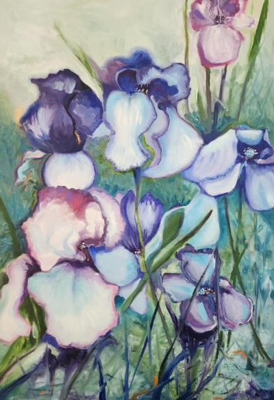 "Irises in Bell's Garden" by Pamela Dorris DeJong. Photos source: Marion Art Center