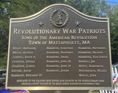 The plaque names 20 Revolutionary War soldiers from the Tri-Towns.