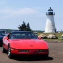 A couple of corvettes carved the turn out of the park.