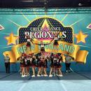 Old Rochester Youth Pee Wee pyramid: Flyers Corey Watlington, Caroline Sadek, and Izzy Waterman. 