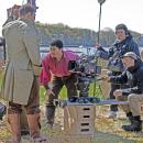 Tyson Brown as Paul Cuffe films a scene for the upcoming film "Cuffe: Untaxed" on the bank of the Slocums River.