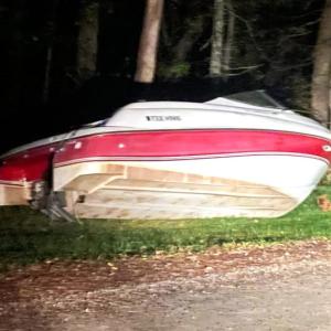The mysterious abandoned boat on the side of Wolf Island Road. Source: Mattapoisett Police Department Facebook