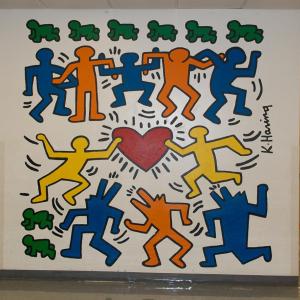 A Keith Harring mural stands out in the hallway of Sippican School.