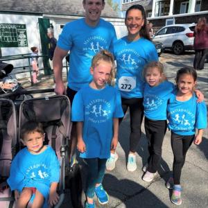 Pease's husband, Scott, and her 4 kids after finishing the Mattapoisett Mother's Day 5K- the event that inspired her daughter Juliet to want to help organize a Santa 5K for MS.