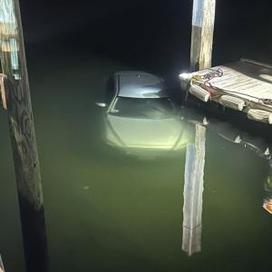 The car was 100 feet into the harbor when the Fire Department arrived.