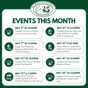 A calendar of events for the Wareham Land Trust in May, the text details can be read in the text of the post.