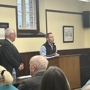 Select Board candidate Eric Beauregard speaks at the Mattapoisett Candidates' Night on Wednesday, April 29. Photos by Grace Roche