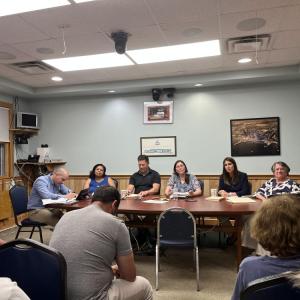 From left: Town Administrator Michael Lorenco and Select Board members Frances-Feliz Kearns, Jordan Collyer, Jodi Bauer, Nicole Doyon Lynch and Judy Mooney at the Tuesday, June 9 meeting. Photo by Grace Roche