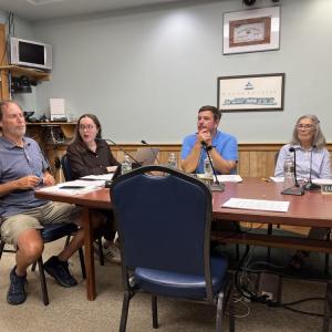 From left: Planning Board Chair Thomas Tucker, Town Planner Victoria Alfaro and Planning Board members Nathan Ketchel and Karen Field at the Monday, Aug. 17 meeting. Photo by Grace Roche
