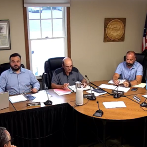 From left: Town Administrator Cameron Durant and Select Board members Paul Ciaburri, Adam Murphy and Bradford Morse at the Monday, Aug. 17 meeting. Photo source: ORCTV