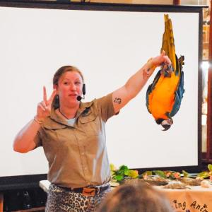 Bethany Boucher holds Jinx, a blue and gold macaw who loves to hang upside down, during a presentation at the Marion Natural History Museum on Monday, Aug. 4. Photos by Grace Roche