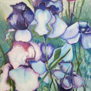 "Irises in Bell's Garden" by Pamela Dorris DeJong. Photos source: Marion Art Center