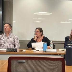 From left: Select Board members Jordan Collyer, Jodi Bauer and Nicole Doyon Lynch at the Tuesday, Oct. 13 Select Board meeting. Photo by Grace Roche