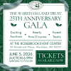 Image graphic for the Wareham Land Trust Anniversary Gala, reads "The Wareham Land Trust 25th Anniversary Gala, exciting auctions, hearty hors d'ouvres, sweet treats, at the Rosebrook Event Center 50 Rosebrook Place, Wareham, MA 02571, June 5th, 2026, Auction 6-9PM, Dancing to Follow, Tickets available now"